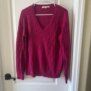 LOFT V-Neck Cotton Wool Rabbit Blend Fuchsia Cable Knit Sweater XL